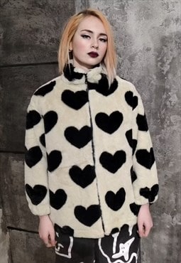 Heart fleece jacket faux fur love bomber emoji coat cream