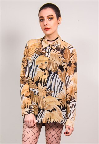 VINTAGE 90'S CREAM PALM PRINT SHEER LONG SLEEVE SHIRT