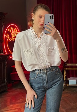 White Short Sleeve Blouse with Embroidery, Cottagecore top