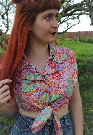 VINTAGE 80S RED PINK FLORAL SLEEVELESS FESTIVAL CROP TOP