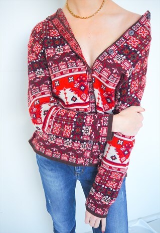 VINTAGE RED PATTERNED BUTTON UP CARDIGAN