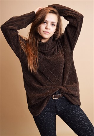90'S RETRO NORMCORE COZY ROLL-NECK KNIT VELVETTEN JUMPER TOP