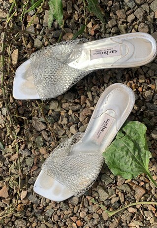 Y2k Next grey fish net sandals in Perspex heels