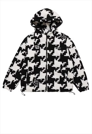 Hound tooth  fleece jacket Check pattern hooded bomber black