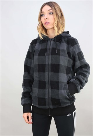 RETRO OVERSIZED ZIP UP CHECK TEDDY LINED FLEECE HOODIE