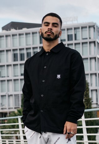 HANDMADE WORKWEAR JACKET IN BLACK WITH CAMOUFLAGE LINING
