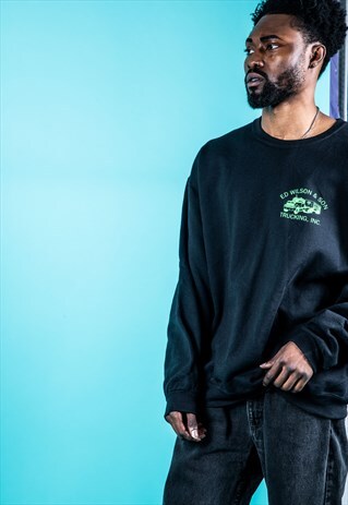 VINTAGE 80S SWEATER IN BLACK WITH GREEN TRUCKING PRINT