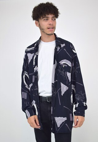 VINTAGE 90'S NAVY PRINTED CHIFFON FESTIVAL SHIRT