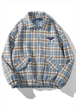 Check print woolen shirt jacket tartan sports bomber in blue