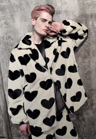HEART FLEECE JACKET HANDMADE FAUXFUR HEART TRENCH COAT CREAM