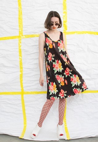VINTAGE BLACK FLORAL SUMMER MIDI SHIFT DRESS