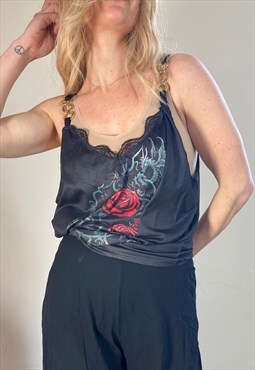 Gothic Dragon and Rose Cami Top gold chain straps Y2K, 90s 