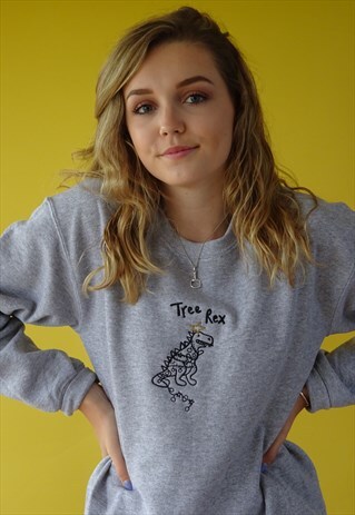 UNISEX SWEATSHIRT IN GREY CHRISTMAS DINOSAUR EMBROIDERY