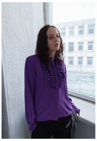 VINTAGE 80'S PURPLE SHIMMERING RUFFLE FRONT BLOUSE