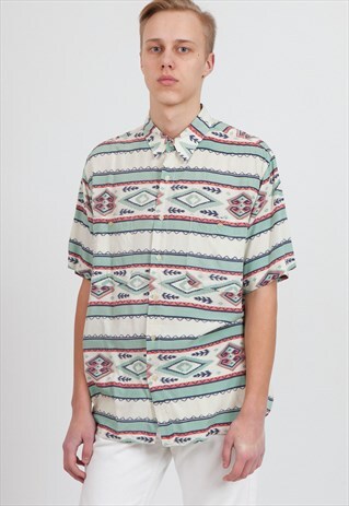 VINTAGE WHITE GREEN JACOBS&SON'S SHORT SLEEVE AZTEC SHIRT