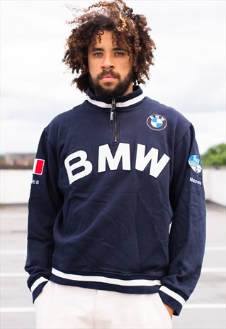 VINTAGE 00'S BMW QUARTER ZIP SWEATSHIRT IN NAVY AND WHITE