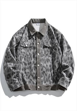 Leopard denim jacket animal print jean bomber in grey