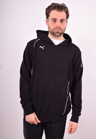 PUMA MENS VINTAGE HOODIE JUMPER LARGE BLACK 90'S