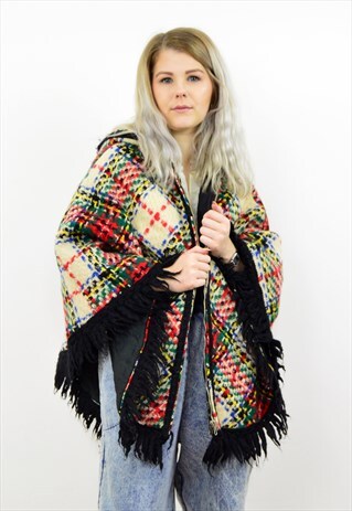 VINTAGE 90S WOOL FRINGE HOODED SHORT CAPE PONCHO