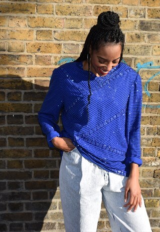 VINTAGE 90'S BRIGHT BLUE BEADED SEQUIN TOP