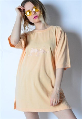 VINTAGE 90S PASTEL PEACH EMBROIDERED DOLPHIN T-SHIRT