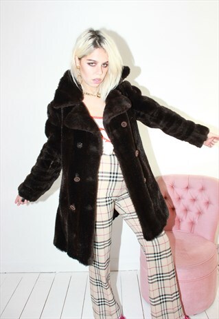 VINTAGE 70S DARK BROWN DOUBLE BREASTED FAUX FUR JACKET