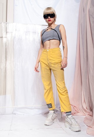 VINTAGE CROPPED JEANS REWORKED PATCH YELLOW DENIM TROUSERS
