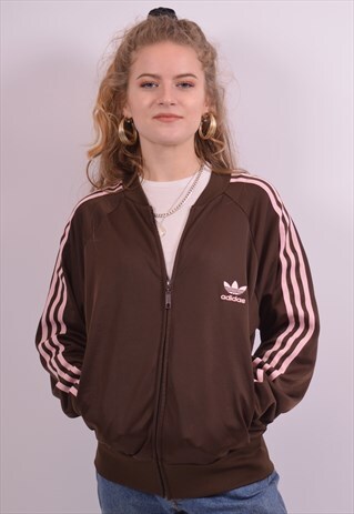 ADIDAS WOMENS VINTAGE TRACKSUIT TOP JACKET LARGE BROWN 90S