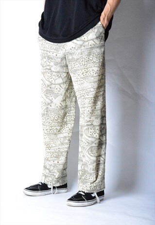 VINTAGE 90S KHAKI BEIGE ABSTRACT PRINT LIGHTWEIGHT PANTS