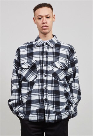 VINTAGE 90'S BLACK AND WHITE TARTAN FLEECE WORKMAN SHIRT