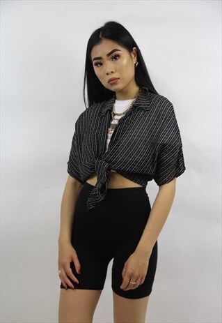 VINTAGE BLACK PATTERNED TIE BLOUSE