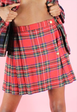 VINTAGE 90S SKIRT TARTAN Y2K RED GREEN CHECK PLEATED MINI