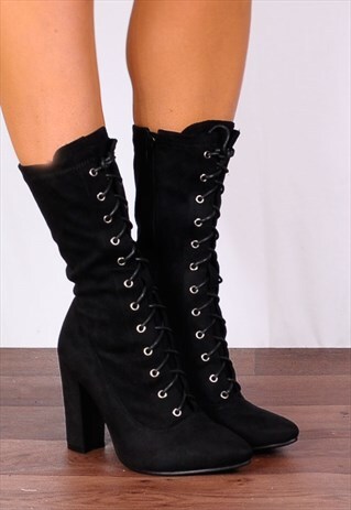 BLACK LACE UPS STRETCH SOCK PULL ON ANKLE HIGH HEELS BOOTS