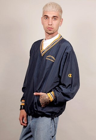 90'S VINTAGE CHAMPION NAVY / YELLOW NYLON OVERSIZED SWEATER