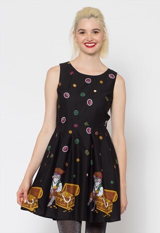 BLACK SLEEVELESS PIRATE CAT PRINT DRESS