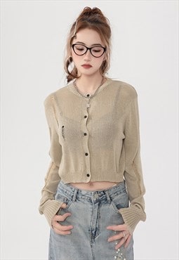 Sheer knitted top long sleeve transparent mesh top in cream