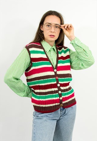 VINTAGE STRIPED SLEEVELESS CARDIGAN IN MULTI SWEATER VEST