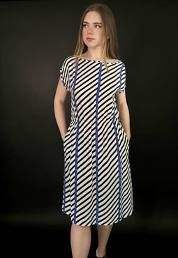 80's Vintage Ladies White Black Blue Stripe Sleeveless Dress