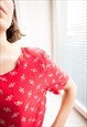 VINTAGE 80'S RED FLORAL PRINT MINI SHORT SLEEVED DRESS