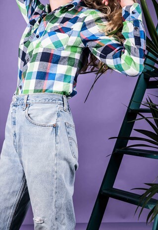 VINTAGE 1980S FLANNEL SHIRT IN BLUE AND GREEN CHECKS