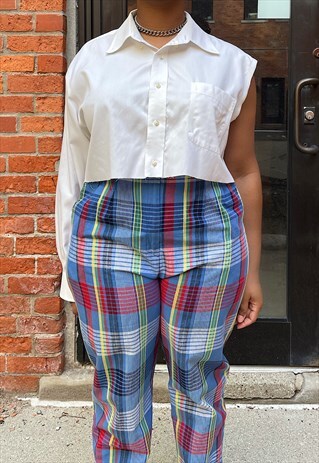 VINTAGE 80S ONE SLEEVE RAW CUT WHITE CROP BUTTON DOWN SHIRT