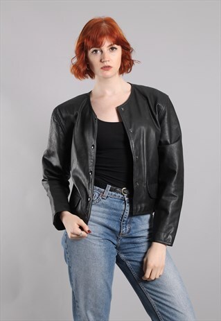 VINTAGE 80S BLACK LEATHER CROPPED POPPER JACKET