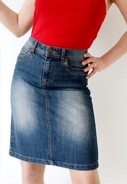 90s Denim Midi Skirt Blue Casual Pencil Skirt  S