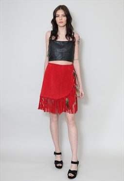 70's Vintage Ladies Skirt Red Leather Suede Tassell Mini