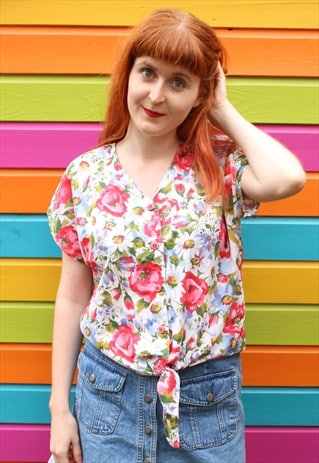 VINTAGE 80'S WHITE PINK BLUE FLORAL PRINT SUMMER CROP TOP