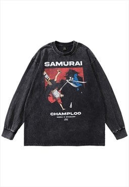 Samurai t-shirt vintage wash Japanese long tee grunge top