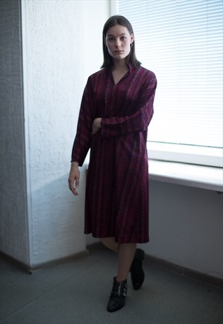VINTAGE 80'S MIDI BURGUNDY RED LONG SLEEVED DRESS