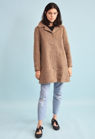 VINTAGE 70'S RETRO NEUTRAL TRENCH STRIPED WOOLEN COAT