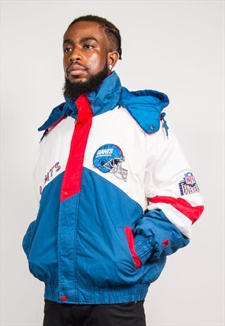 VINTAGE 90'S NEW YORK GIANTS PADDED WHITE BLUE HOODED JACKET