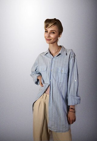 VINTAGE 3/4 LONG STRIPED POWDER BLUE LINEN SHIRT